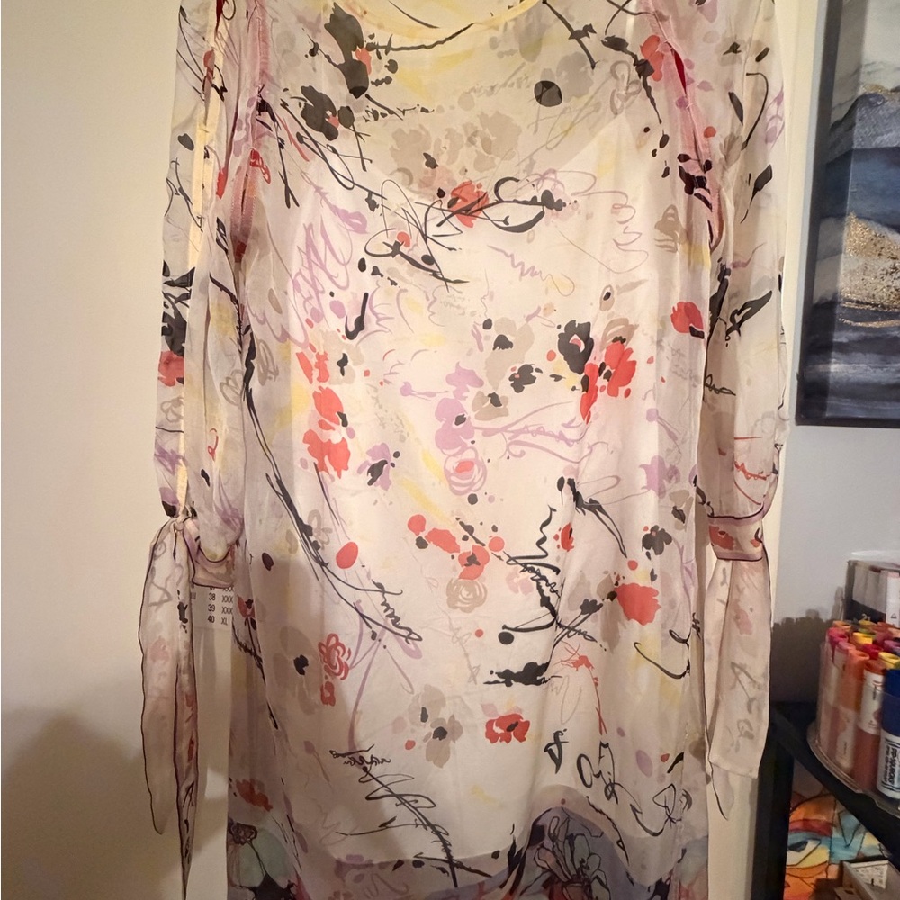 Elie Tahari 100% Silk Sheer Abstract Floral Dress Tunic & Slip Size S